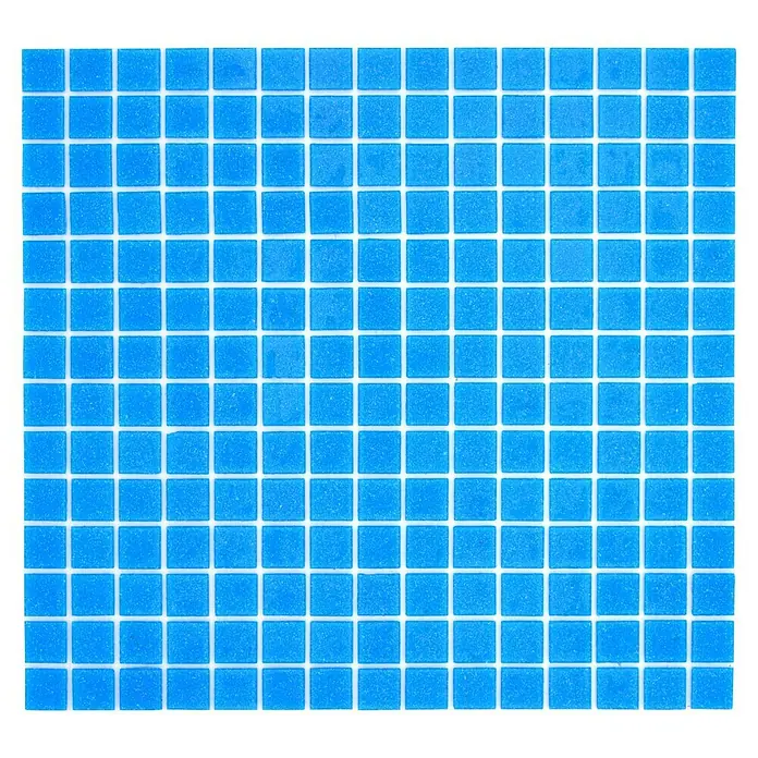 Mosaikfliese Quadrat Crystal Uni GM A 31P - 32,7 x 30,5 cm, Blau, Glänzend - Nahaufnahme eines quadratischen Musters aus hellblauen Keramikfliesen mit weißen Fugenlinien, ideal für Pool- oder Badezimmerböden.