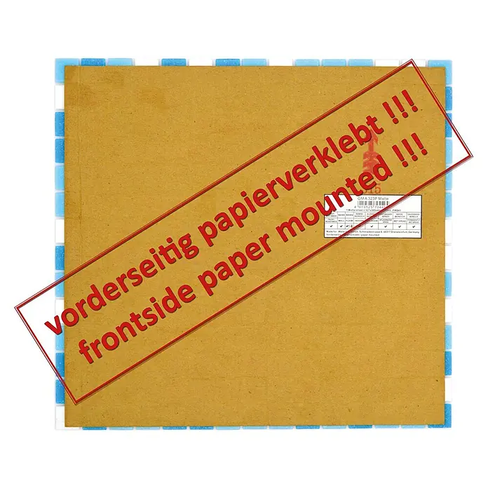 Mosaikfliese Quadrat Crystal Mix GM A 323P - 32,7 x 30,5 cm, Weiß/Blau, Glänzend - Eine Nahaufnahme eines quadratischen GMA 323P Matte Produkts mit dem Hinweis "vorderseitig papierverklebt !!!".