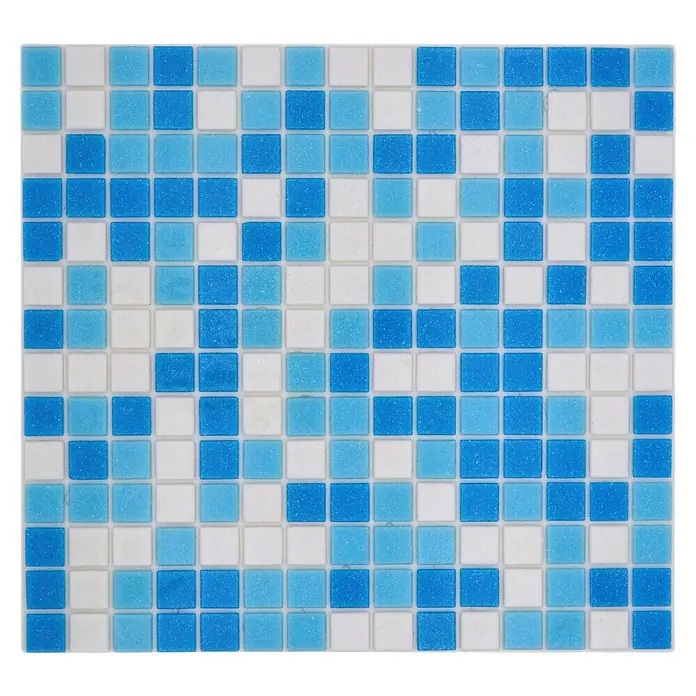 Mosaikfliese Quadrat Crystal Mix GM A 323P - 32,7 x 30,5 cm, Weiß/Blau, Glänzend - Quadratische Mosaikfliese in Weiß, Hellblau und Dunkelblau für eine moderne Wand- oder Bodengestaltung.