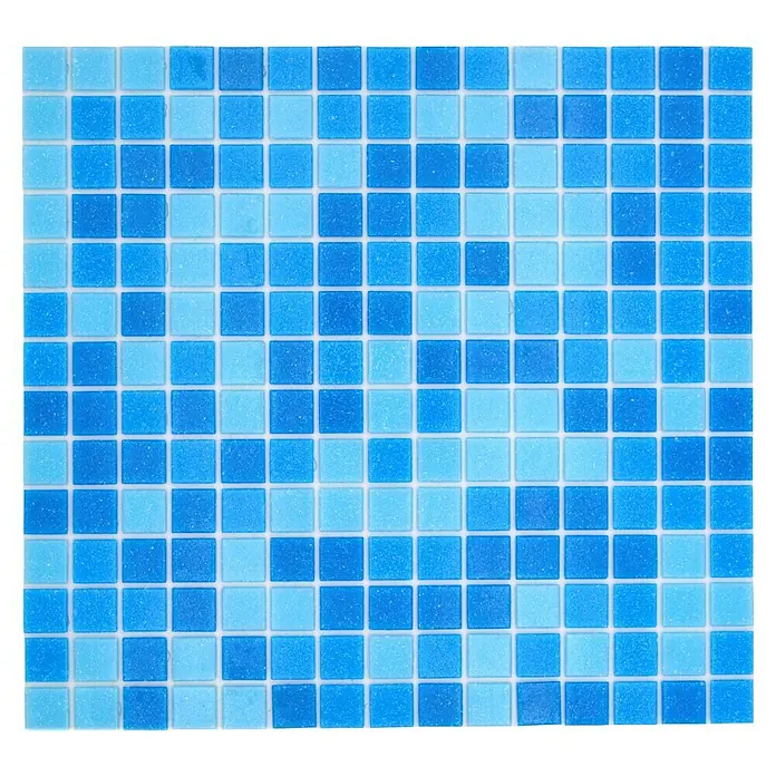 Mosaikfliese Quadrat Mix GM A 321P - 32,7 x 30,5 cm, Blau, Glänzend - Nahaufnahme von hellblauen und blauen Poolmosaikfliesen, die ein quadratisches Muster bilden und für ein erfrischendes, wasserbezogenes Design sorgen.