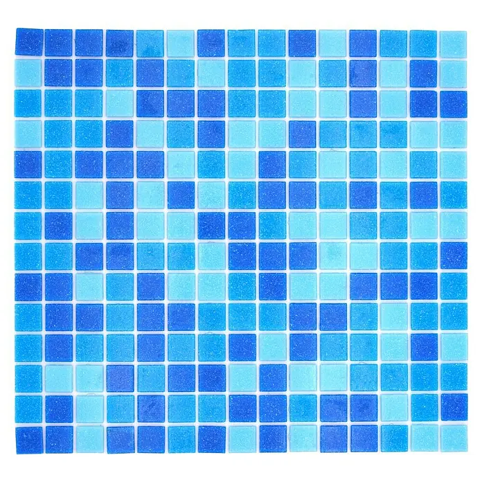 Mosaikfliese Quadrat Crystal Mix GM A 327P - 32,7 x 30,5 cm, Türkis/Blau, Glänzend - Nahaufnahme von hellen und dunklen blauen quadratischen Mosaikfliesen, ideal für Schwimmbäder und Badezimmer.