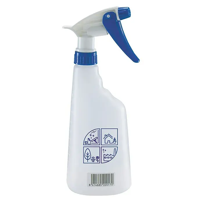 Matabi Pulverizador doméstico Eko - 0,6 l, Plástico - Botella de spray de plástico blanco con cabezal azul e impresión, que muestra sus diversas aplicaciones, versátil.