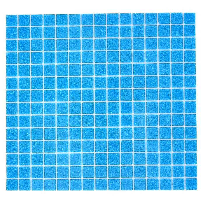 Mosaikfliese Quadrat Crystal Uni GM A 37P - 32,7 x 30,5 cm, Türkisblau/Blau, Glänzend - Nahaufnahme von hellblauen Mosaikfliesen, die ein quadratisches Muster bilden und für Badezimmer oder Schwimmbäder geeignet sind.