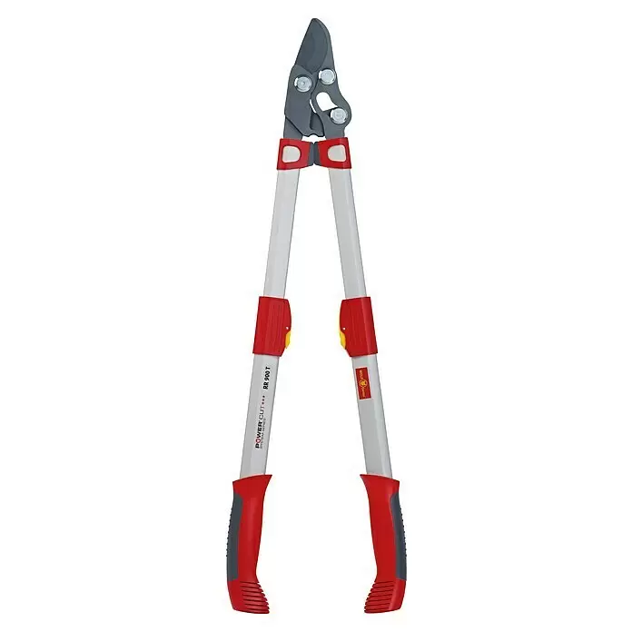 Wolf-Garten Astschere RR 900 T - Bypass, Längenverstellung: 65 cm - 90 cm - Rot-weiße Teleskop-Astschere mit grauen Klingen und gelben Verstellhebeln.