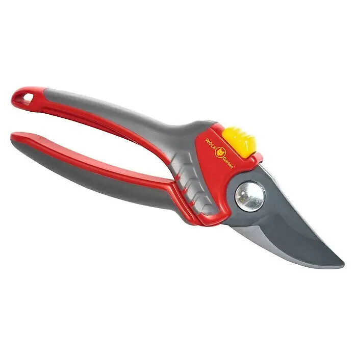 Wolf-Garten Gartenschere RR 4000 - Bypass, Max. Aststärke: 22 mm - Rote und graue WOLF Garten Bypass-Gartenschere mit gelbem Sicherheitsverschluss.