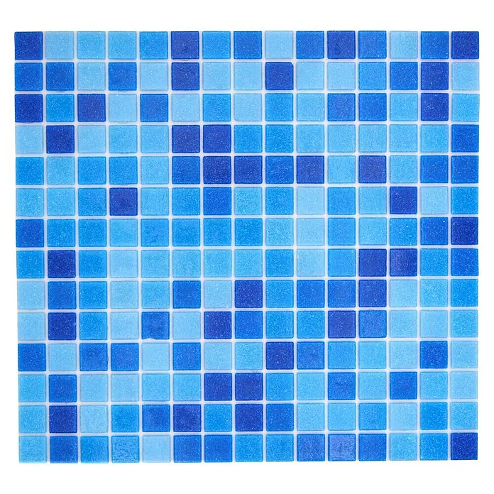Mosaikfliese Quadrat Crystal Mix GM A 339P - 32,7 x 30,5 cm, Blau/Dunkelblau, Glänzend - Quadratische blaue Mosaikfliese mit verschiedenen Blautönen und weißen Fugen für ein erfrischendes Design.