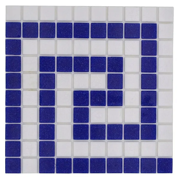 Mosaikfliese Quadrat Crystal GM BO 16P - 21,7 x 21,7 cm, Weiß/Dunkelblau, Glänzend - Blaue und weiße quadratische Mosaikfliesen bilden ein stilisiertes 'H'-Muster.