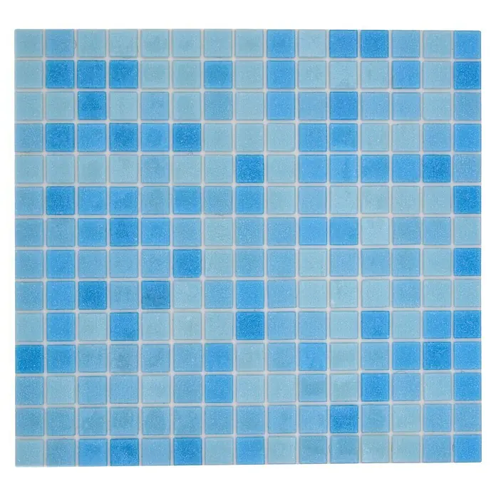 Mosaikfliese Quadrat Crystal Mix GM A 331P - 32,7 x 30,5 cm, Lichtblau, Glänzend - Quadratische Fliesenmatte mit hellblauen und mittelblauen Mosaikfliesen für Wand- und Bodenprojekte im Innenbereich.