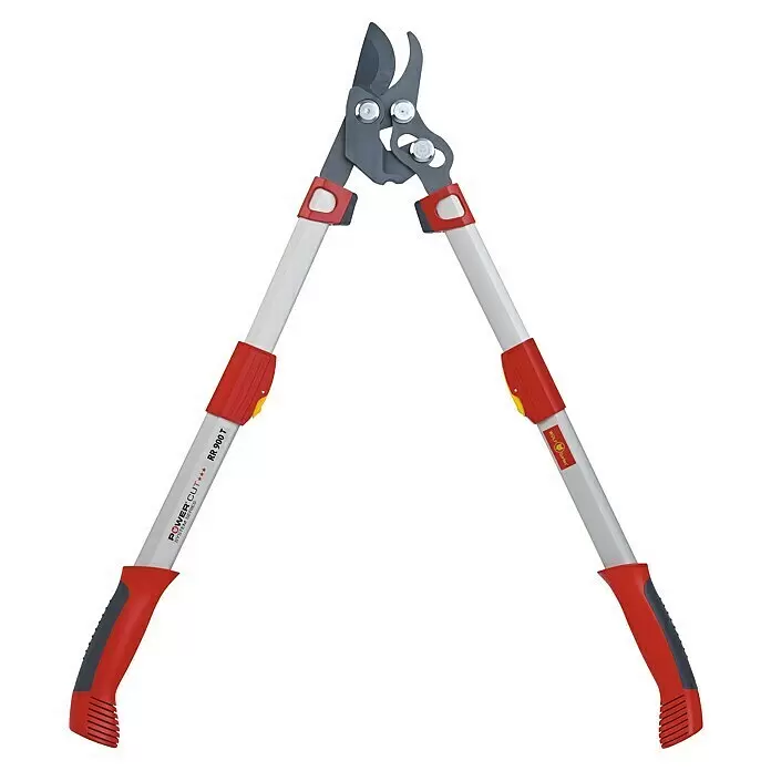 Wolf-Garten Astschere RR 900 T - Bypass, Längenverstellung: 65 cm - 90 cm - Langstielige Astschere mit grauen Klingen und rot-weißen Griffen zum Beschneiden von Ästen.