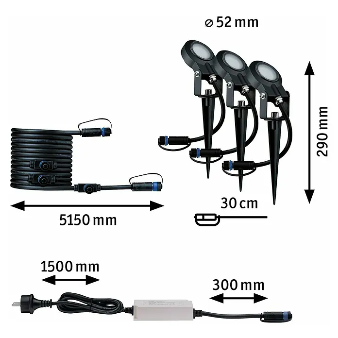 Paulmann Plug & Shine Basis-Set LED-Gartenstrahler Sting - 6 W, Erdspieß, IP67, 3.000 K - Abbildung eines LED-Gartenleuchtensets mit Kabel, Trafo und Erdspießen, einschließlich Maßangaben zu den Abmessungen.