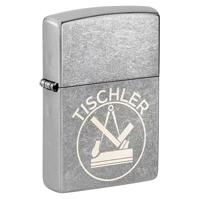 Zippo Sturmfeuerzeug Classic Street Chrome™ - Tischler - Silbernes gebürstetes Metallfeuerzeug mit "TISCHLER"-Gravur und Werkzeug-Logo.
