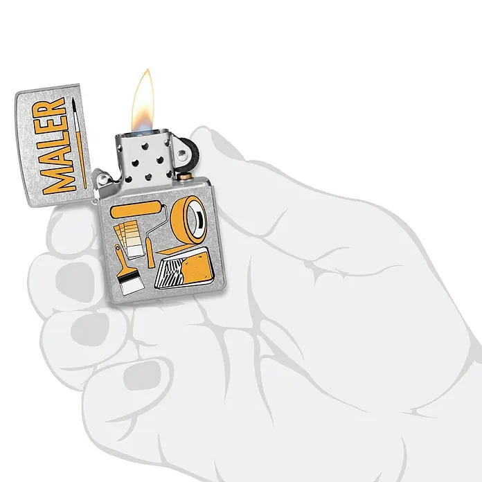 Zippo Sturmfeuerzeug Classic Street Chrome™ - Maler - Nahaufnahme eines Zippo-Feuerzeugs in einer Hand, verziert mit Malermotiven und dem Wort "Maler".