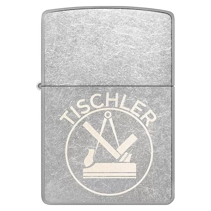 Zippo Sturmfeuerzeug Classic Street Chrome™ - Tischler - Silbernes gebürstetes Metallfeuerzeug mit 'TISCHLER'-Gravur und Schreinerwerkzeugen.