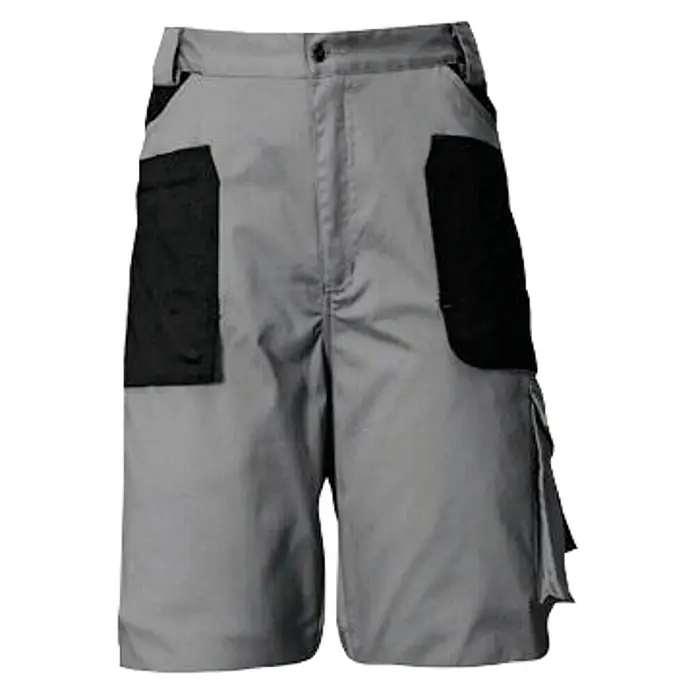 Industrial Starter Pantalones cortos de trabajo para hombre Stretch - L, Gris/Negro - Pantalones cortos grises con bolsillos negros y cierre de botón, ideales para actividades al aire libre y trabajo.