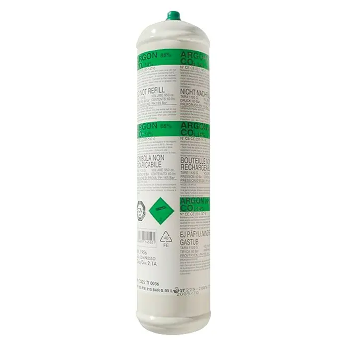 Botella de argón y CO2 - 1 l - Imagen de una botella de gas argón CO2 en blanco.