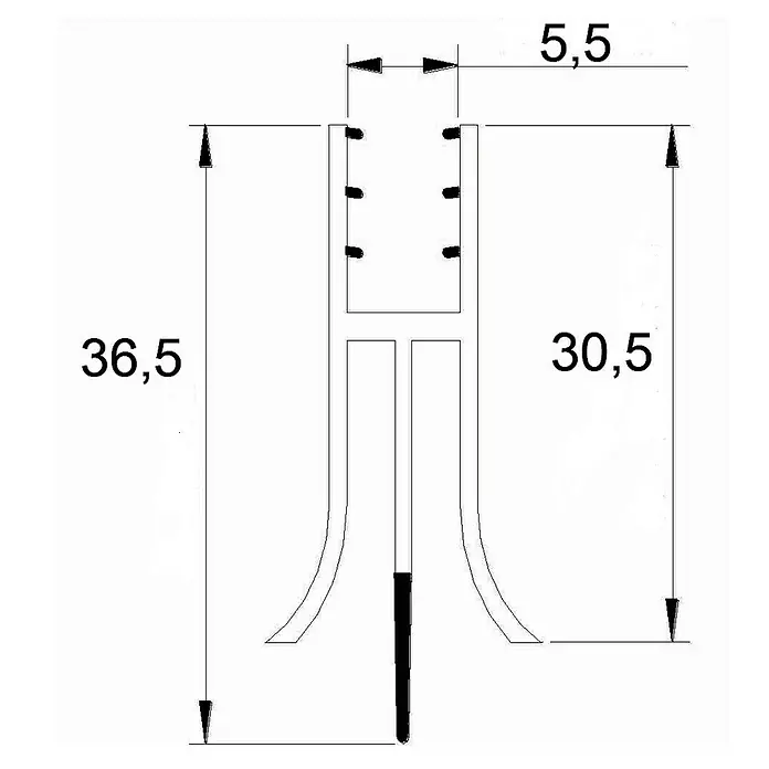 Perfil de sellado vierteaguas 3P 6-8 - L x An x Al: 100 cm x 5,5 mm x 36,5 mm - Diagrama de un soporte con dimensiones de 5,5, 30,5 y 36,5, mostrando las dimensiones del producto.