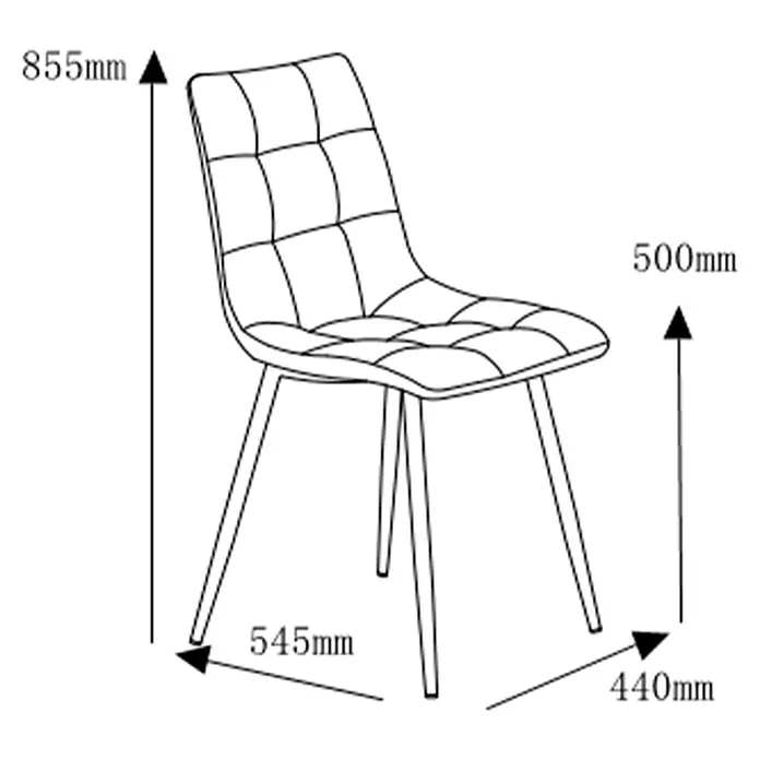 Silla Ivy - Visón, 4 ud. - Vista del producto de una elegante silla con asiento y respaldo tapizados, además de patas metálicas delgadas, incluidas las dimensiones.