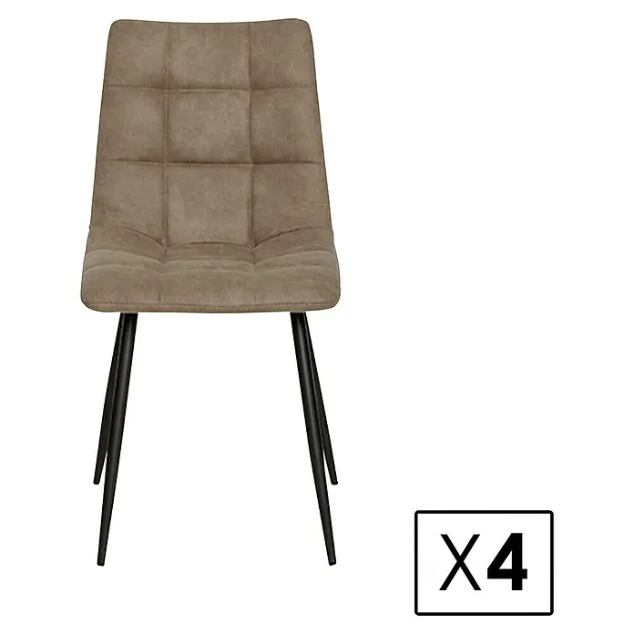 Silla Ivy - Visón, 4 ud. - Imagen de una silla tapizada con acolchado cuadrado y patas de metal negro, disponible en un juego de 4.