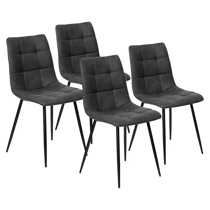 Silla Ivy - Pizarra, 4 ud. - Cuatro sillas de comedor grises con costuras cuadradas y patas de metal negro en un diseño moderno para el comedor.