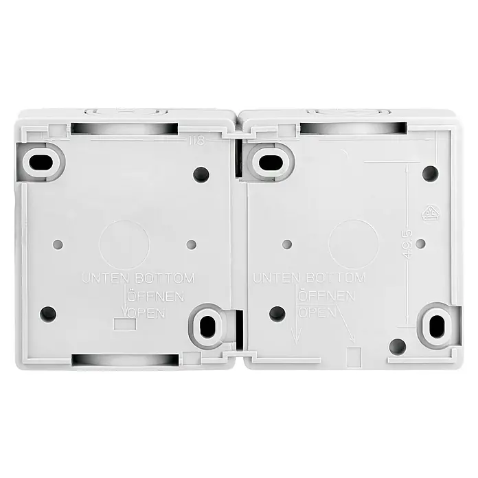 Aqua Form Feuchtraum-Steckdose - Anthrazit, 2-fach, Ausrichtung Schalterprogramm: Horizontal, Aufputzmontage, IP44 - Detailaufnahme von zwei weißen, nebeneinanderliegenden Elektroinstallationsdosen mit Beschriftungen und Montagepunkten für die Installation.