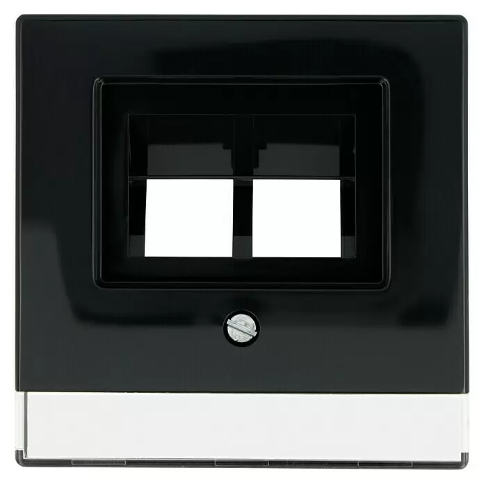 Busch-Jaeger Future Linear UAE-Abdeckung 1803-02-81 - Anthrazit, Kunststoff - Schwarze Wandplatte mit zwei Datenbuchsenöffnungen, einer sichtbaren Schraube und einem klaren Beschriftungsfeld unten.