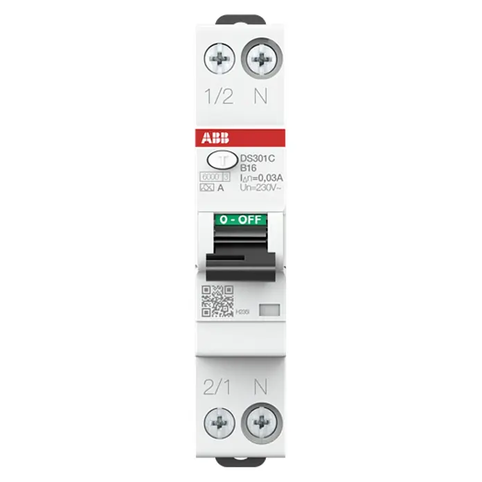 ABB FI/LS-Schalter DS301C B16 A30 - 16 A, Typ A, 30 mA, Auslösecharakteristik: B, Polanzahl: 2 - ABB DS301C B16 Fehlerstrom-Schutzschalter mit rotem ABB-Logo und grünem "O-OFF"-Schalter zur Stromkreisunterbrechung für erhöhte Sicherheit.