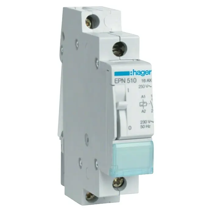 Hager Stromstoßschalter EPN510 - 230 V - Nahaufnahme eines Hager EPN 510 16 AX Schalters, der für eine Spannung von 250 V~ und 230 V bei 50 Hz ausgelegt ist.
