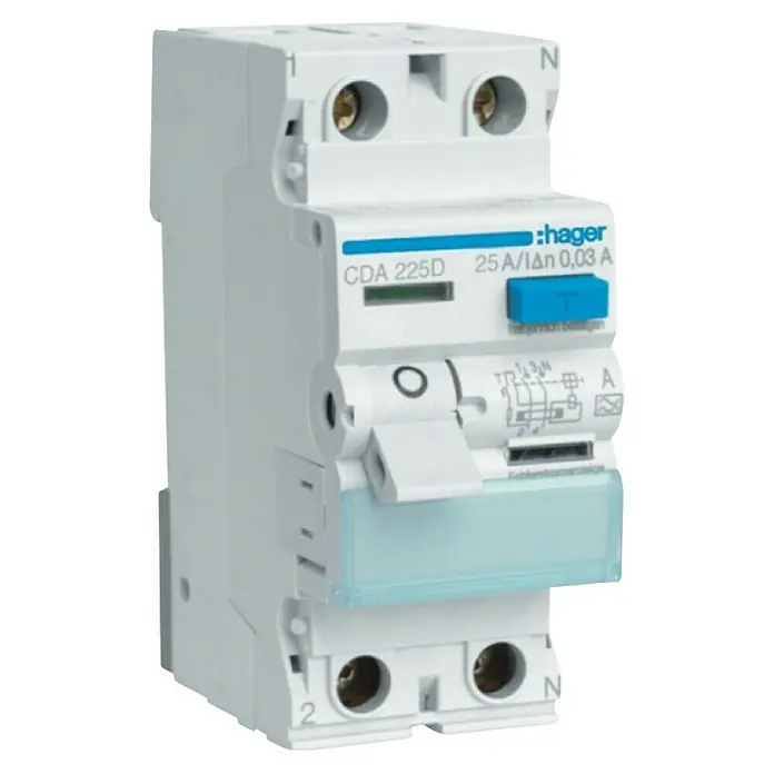 Hager FI-Schalter CDA225D - 25 A, Typ A, 30 mA, Polanzahl: 2 - Abgebildeter Fehlerstrom-Schutzschalter CDA 225D von Hager, ein zuverlässiges Gerät für den Schutz in elektrischen Anlagen.