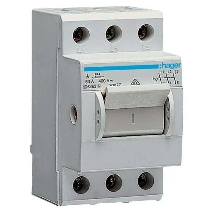 Hager Hauptschalter SH363N - 63 A - Grau-weißer Hager 3-poliger Leitungsschutzschalter, 63A 400V, Modell SH363 N.