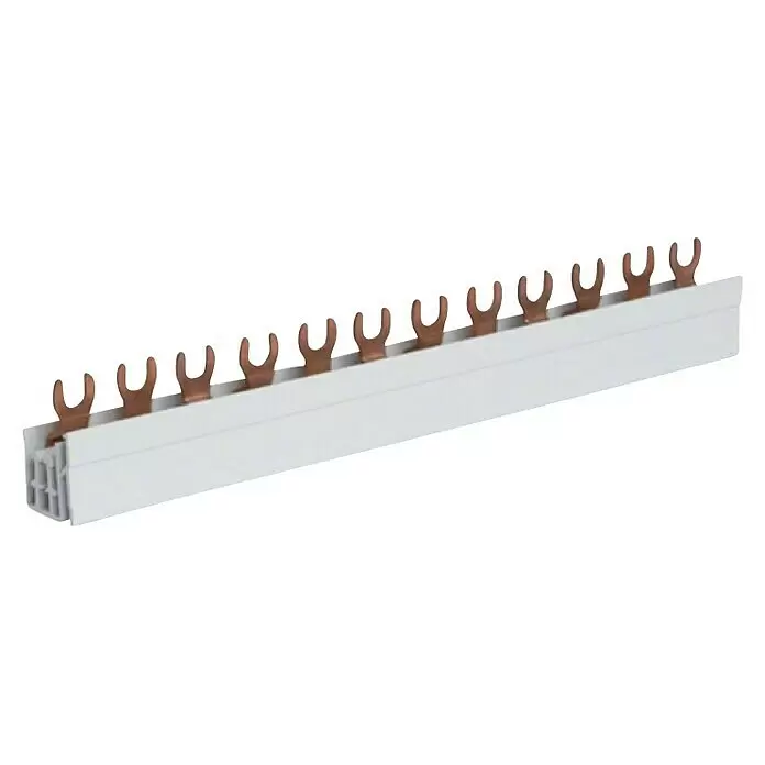 Hager Phasenschiene KDN363A - Polanzahl: 3 Stk., 210 mm - Weißer elektrischer Stromverteiler mit Kupfer-Gabelanschlüssen für die Stromverteilung.
