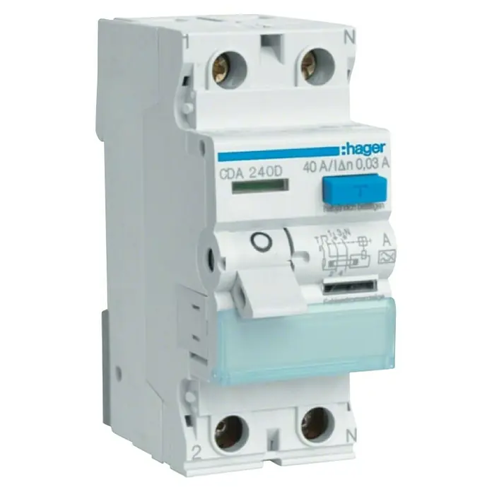 Hager FI-Schalter CDA240D - 40 A, Typ A, 30 mA, Polanzahl: 2 - Ein Hager CDA240D Fehlerstrom-Schutzschalter mit 40A Nennstrom und 0,03A Auslösestrom, ideal für zuverlässigen Personenschutz in Elektroinstallationen.