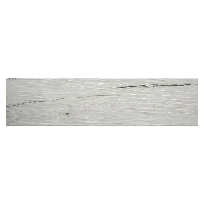 Pavimento cerámico Olsen - 24 x 95 cm, Gris - Tabla de madera blanca con vetas y pequeños nudos, ideal para decoración rústica o proyectos de bricolaje. Material versátil y resistente.