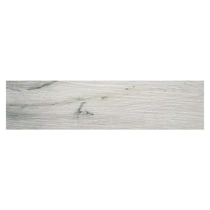 Pavimento cerámico Olsen - 24 x 95 cm, Gris - Esta imagen muestra un primer plano de la veta de la madera gris claro, mostrando los detalles y texturas naturales del material.