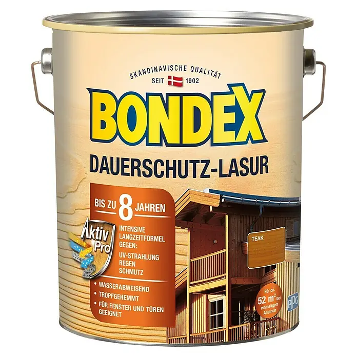 Bondex Holzlasur - Teak, 4 l, Glänzend - Farbdose Bondex Dauerschutz-Lasur Teak. Schützt Holz bis zu 8 Jahre. Ideal für Fenster und Türen. Wasserabweisend und tropfgehemmt.
