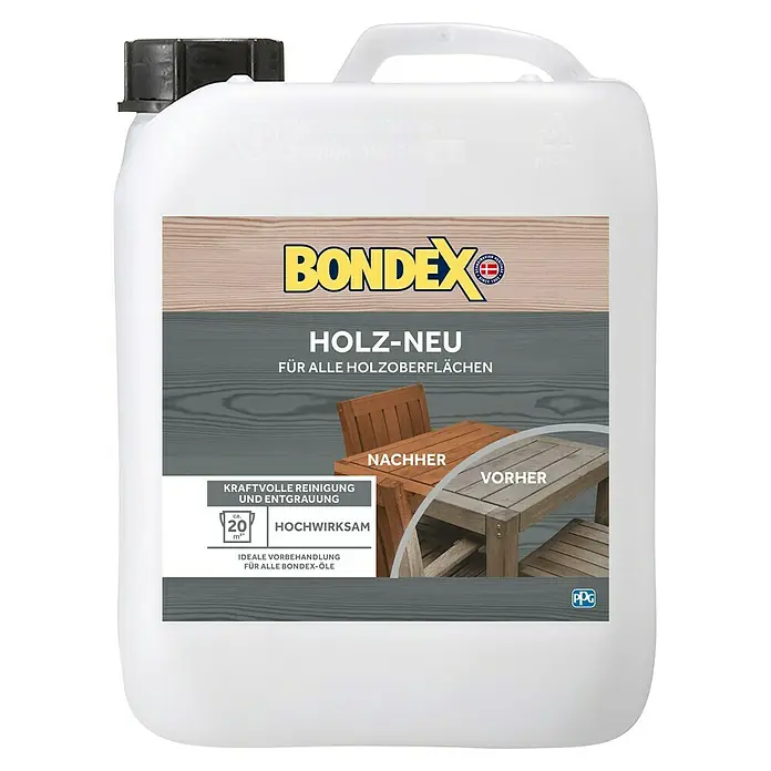 Bondex Holzreiniger Holz Neu - 2,5 l, Farblos - Abbildung eines Kanisters Bondex Holz-Neu für Holzoberflächen. Wirksame Reinigung und Vorbehandlung für Bondex-Öle.