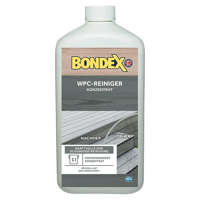 Bondex WPC-Reiniger-Konzentrat - 1 l, Farblos - Produktfoto: Bondex WPC-Reiniger Konzentrat für kraftvolle und schonende Reinigung von WPC-Oberflächen, speziell abgestimmt auf WPC.