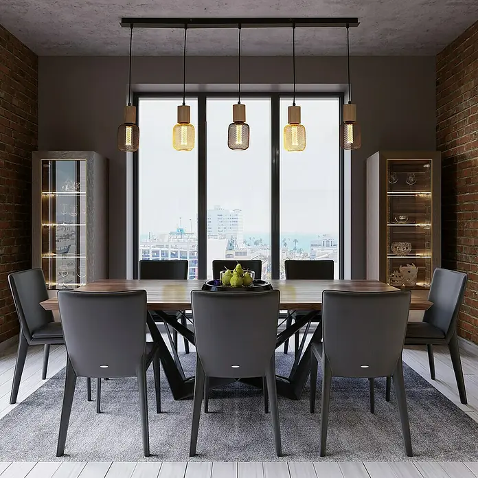 Searchlight LED-Lampe Zylinder Filigran - E27, Dimmbar, Bernstein, 120 lm, 3,5 W, Gold - Moderne Esszimmereinrichtung mit Esstisch, Stühlen und einer Pendelleuchte mit mehreren Lampen für eine stilvolle Atmosphäre.