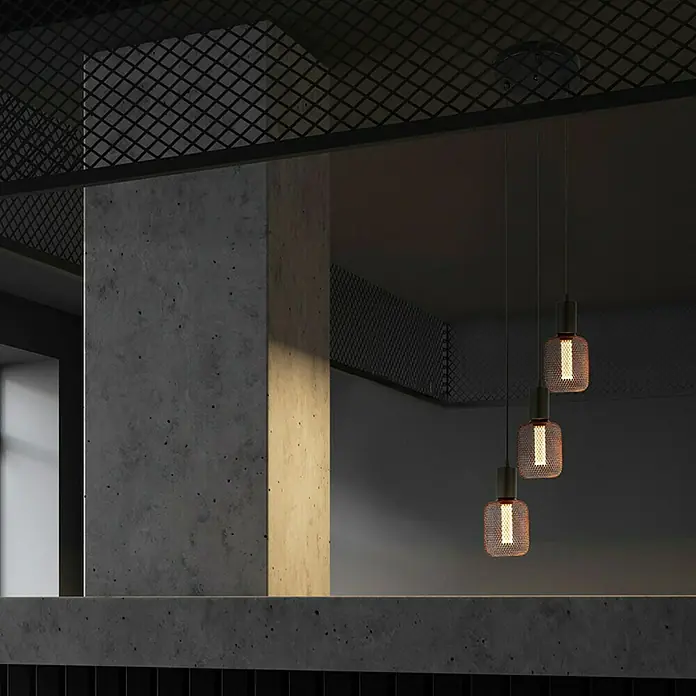 Searchlight LED-Lampe Zylinder Filigran - E27, Dimmbar, Bernstein, 120 lm, 3,5 W, Schwarz - Moderne Pendelleuchten mit Drahtgeflecht-Design in einem stilvollen Interieur.