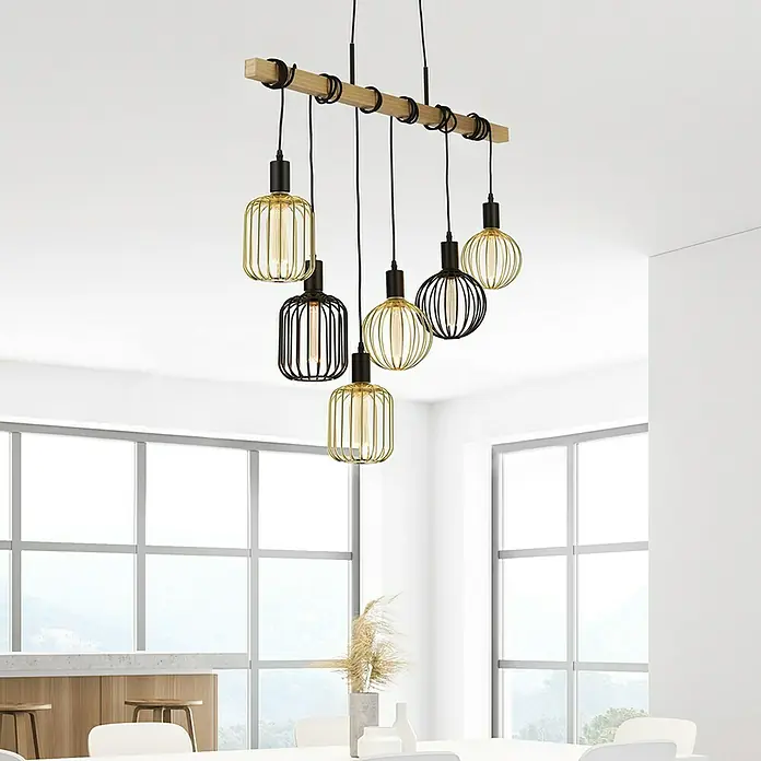 Searchlight LED-Lampe Kugel Robust - E27, Dimmbar, Bernstein, 120 lm, 3,5 W, Schwarz - Ein modernes Pendelleuchten-Design mit sechs Lampen in Gold und Schwarz, ideal für Esszimmer und Wohnräume.