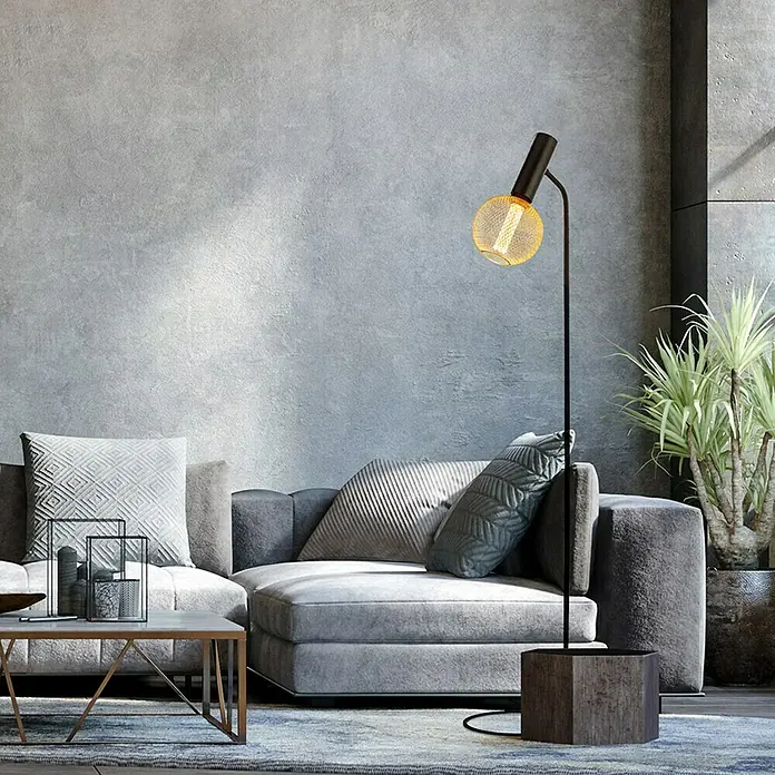 Searchlight LED-Lampe Kugel Filigran - E27, Dimmbar, Bernstein, 120 lm, 3,5 W, Gold - Elegante Stehlampe mit einem kugelförmigen Lampenschirm aus goldenem Drahtgeflecht, ideal für eine stilvolle Wohnzimmerbeleuchtung.