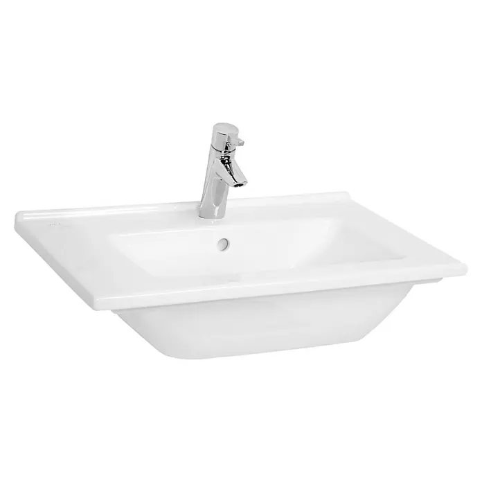 VitrA Aurinia 2.0 Einbauwaschbecken - 60 x 46,5 cm, Hahnloch: Mitte, Mit Überlauf, Weiß - Ein elegantes Waschbecken mit einem modernen Chromhahn. Das weiße Keramikdesign bietet eine stilvolle Ergänzung für jedes Badezimmer.