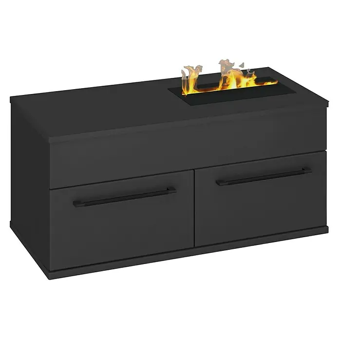 Astor Cool Fire Waschtischunterschrank - 100 x 46,2 x 45,3 cm, Schwarz - Schwarzer Schrank mit integriertem Ethanol-Kamin für gemütliche Wärme und stilvolles Ambiente in Ihrem Wohnraum.