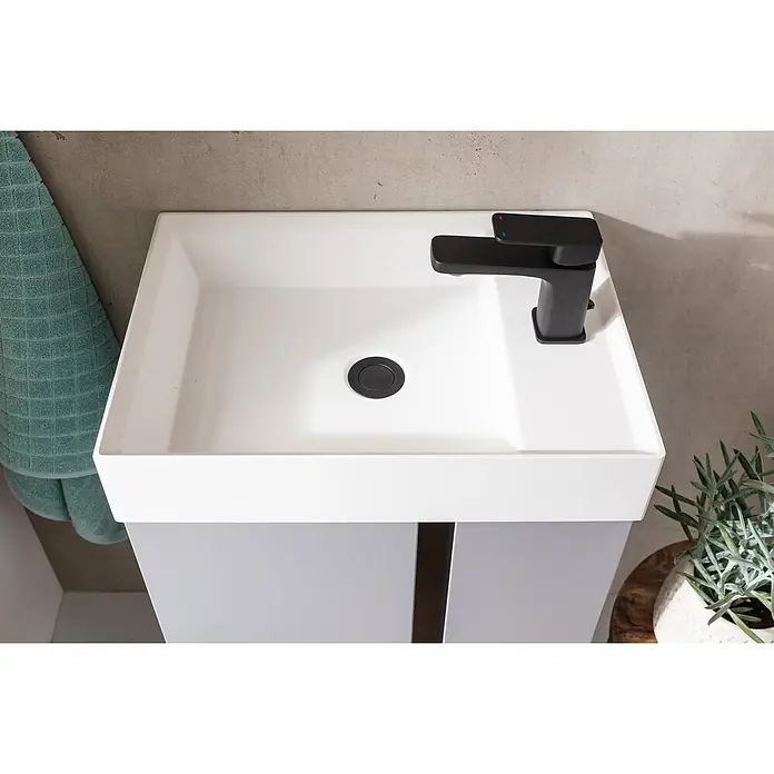 Camargue Bella Waschtischunterschrank - B x T x H: 49 x 35 x 63 cm, Grau/Schwarz - Moderne Waschbecken-Kombination: Elegantes, eckiges Waschbecken mit stilvoller, schwarzer Armatur und passendem Unterschrank für ein aufgeräumtes Bad.
