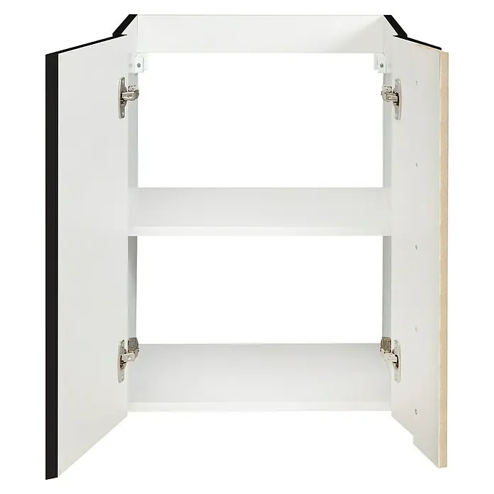Camargue Bella Badmöbel-Set - Gesamtbreite Badmöbel: 50 cm, Schwarz/Eiche, Matt, 3 -tlg., Mit eckigem Lichtspiegel - Ein offener, weißer Badschrank mit zwei Regalen und silbernen Scharnieren. Perfekt für die Badezimmeraufbewahrung.