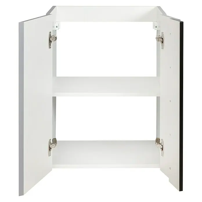 Camargue Bella Waschtischunterschrank - B x T x H: 49 x 35 x 63 cm, Grau/Schwarz - Bild eines offenen weißen Badezimmerschranks mit zwei Regalböden und sichtbaren Scharnieren. Ideal für die Organisation.