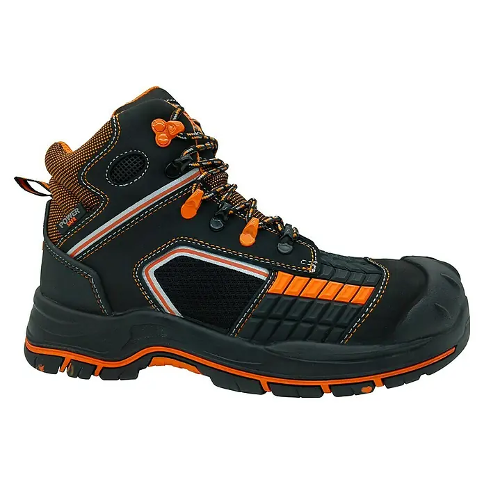 Botas de seguridad Maddox - 46, Clase de protección según EN ISO 20345: S3, Negro/Naranja - En la imagen, una bota de seguridad negra con detalles naranjas. Ofrece protección y comodidad en entornos laborales exigentes.
