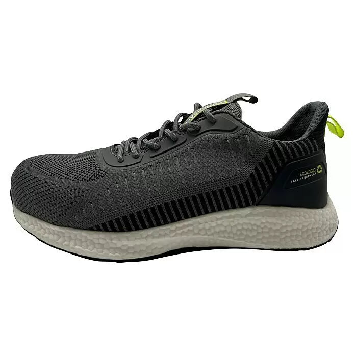 Zapato bajo de seguridad Mauro - 43, Clase de protección según EN ISO 20345: S1P, Gris - Zapatilla de seguridad de punto gris y negro con suela texturizada gris claro y detalles amarillos. Marca "Ecologic Safety Footwear".