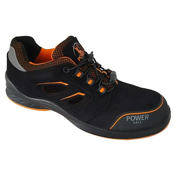 Sicherheitshalbschuh Tony - 46, Schutzklasse nach EN ISO 20345: S1P, Schwarz, Orange - Schwarzer Power Safe Sicherheitsschuh mit orangefarbenen Akzenten, ideal für den Arbeitsschutz.