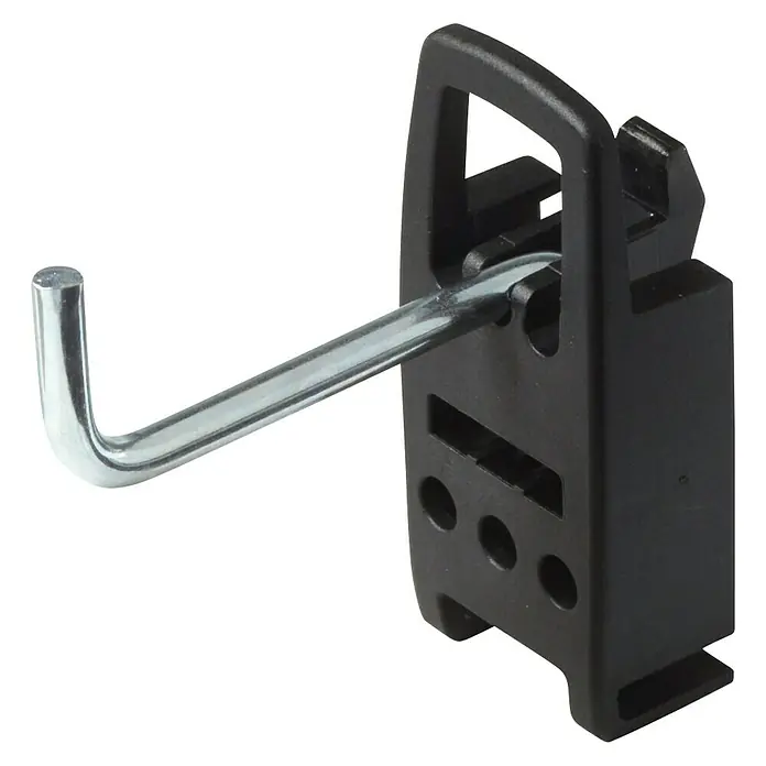 Gancho para panel perforado - Largo: 5 cm, 5 pzs. - Primer plano de un gancho de tienda negro para sistemas de estanterías, con un pasador metálico plateado, perfecto para la exhibición de productos.