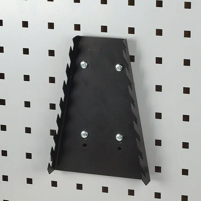 Wolfcraft Soporte portaherramientas - Apto para: Llave hexagonal interna - Soporte de llave inglesa de metal negro montado en la pared para guardar herramientas en un panel perforado. Práctico y ahorra espacio.